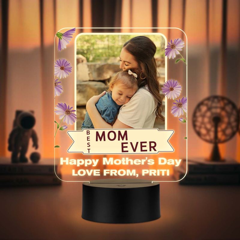 Personalized Mother’s Day LED Night Light Photo Frame | Best Mom Ever Quote Engraved Lamp Unique Birthday or Mothers Day Gift for Mom from Daughter or Son | Warm White Light